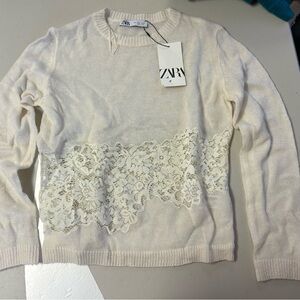 Zara Women's Cream Sweater with Lace Accent